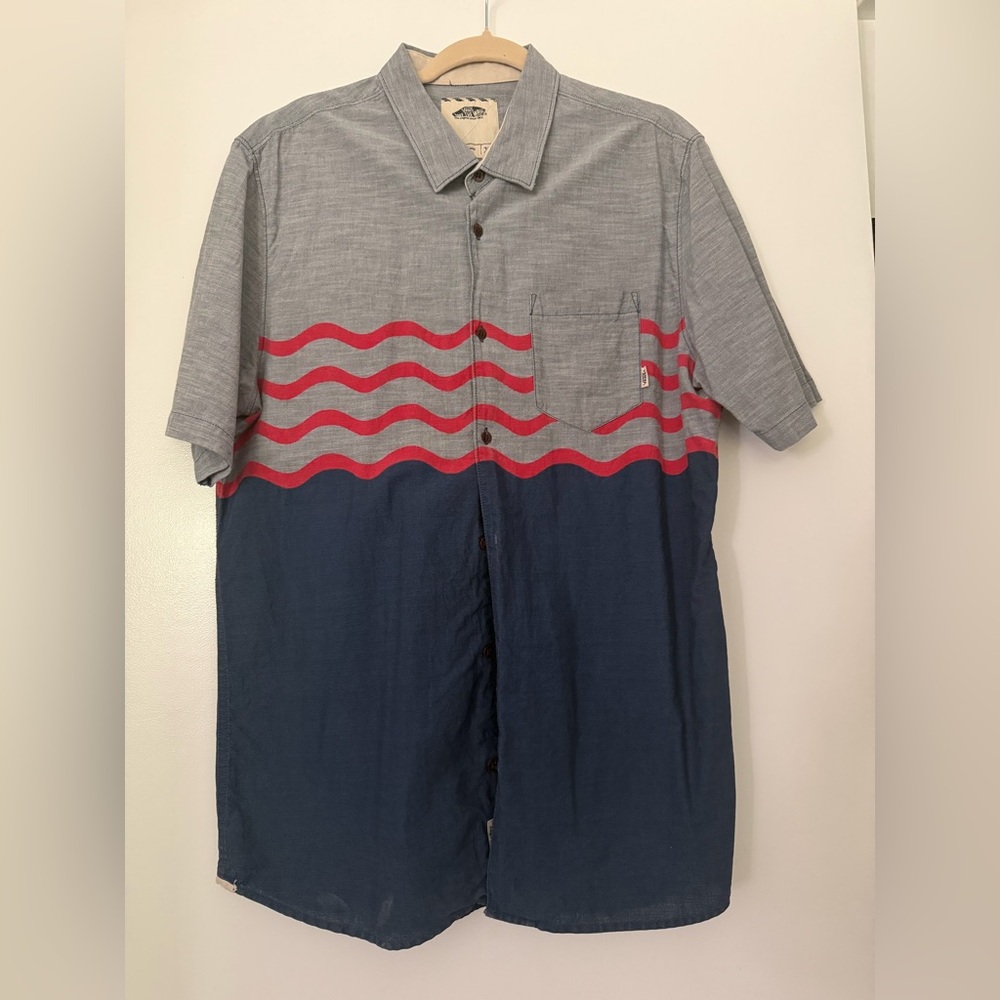 Vans Men's Blue and Gray Button-Up Shirt